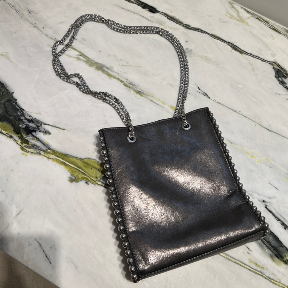 Zara - grey leather shoulder bag with silver chain